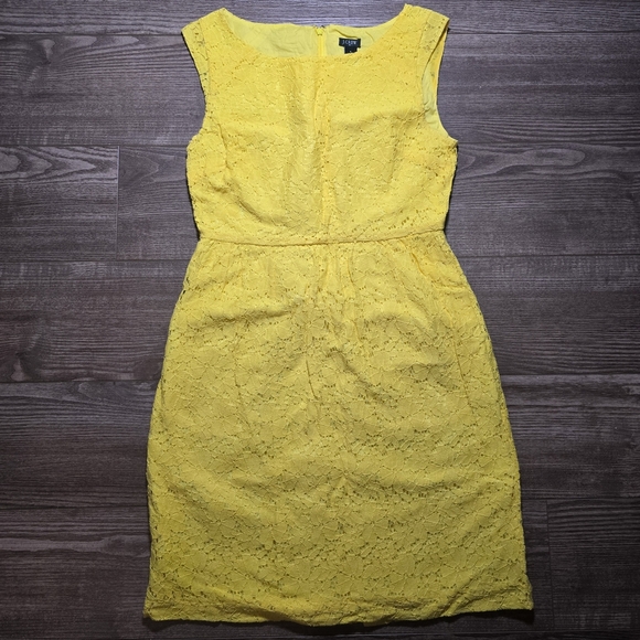 J.CREW Dress Womens 6 Yellow Lace Boatneck Shift Pockets Cotton Blend Romantic - Picture 2 of 8